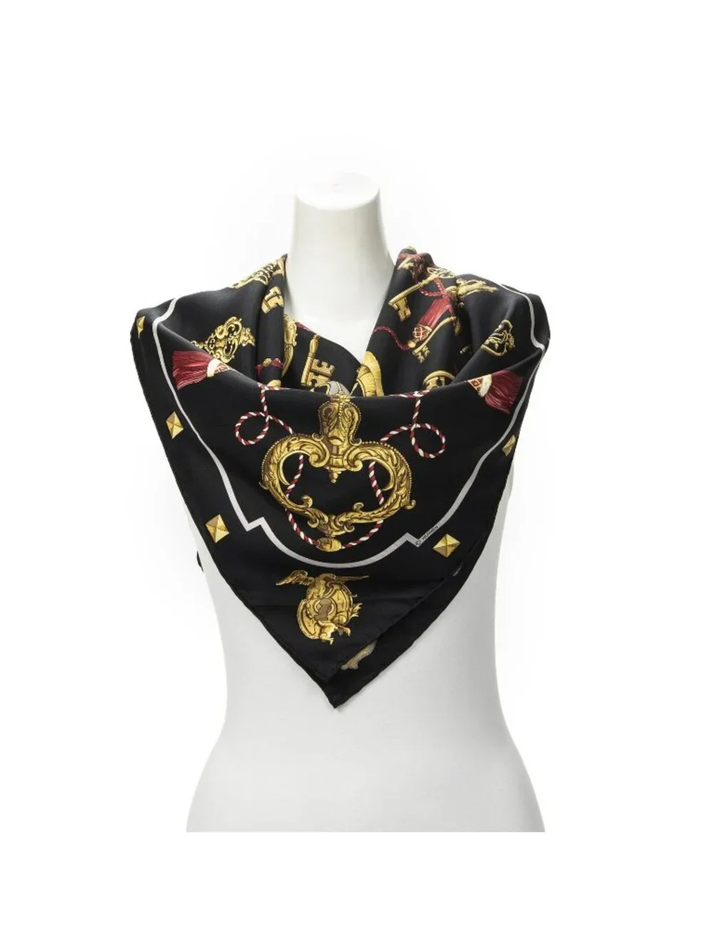 Hermes Scarf Black Red 100% Gold Twill Silk